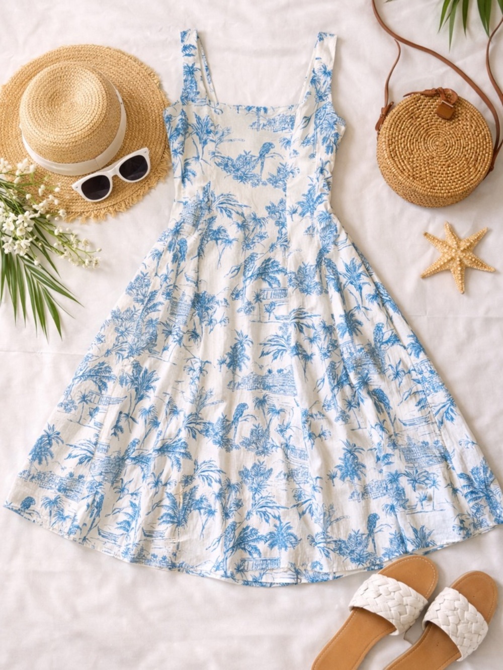 Joie Blue Toile Sundress Fit Flare Pockets Smocked Back Size 6